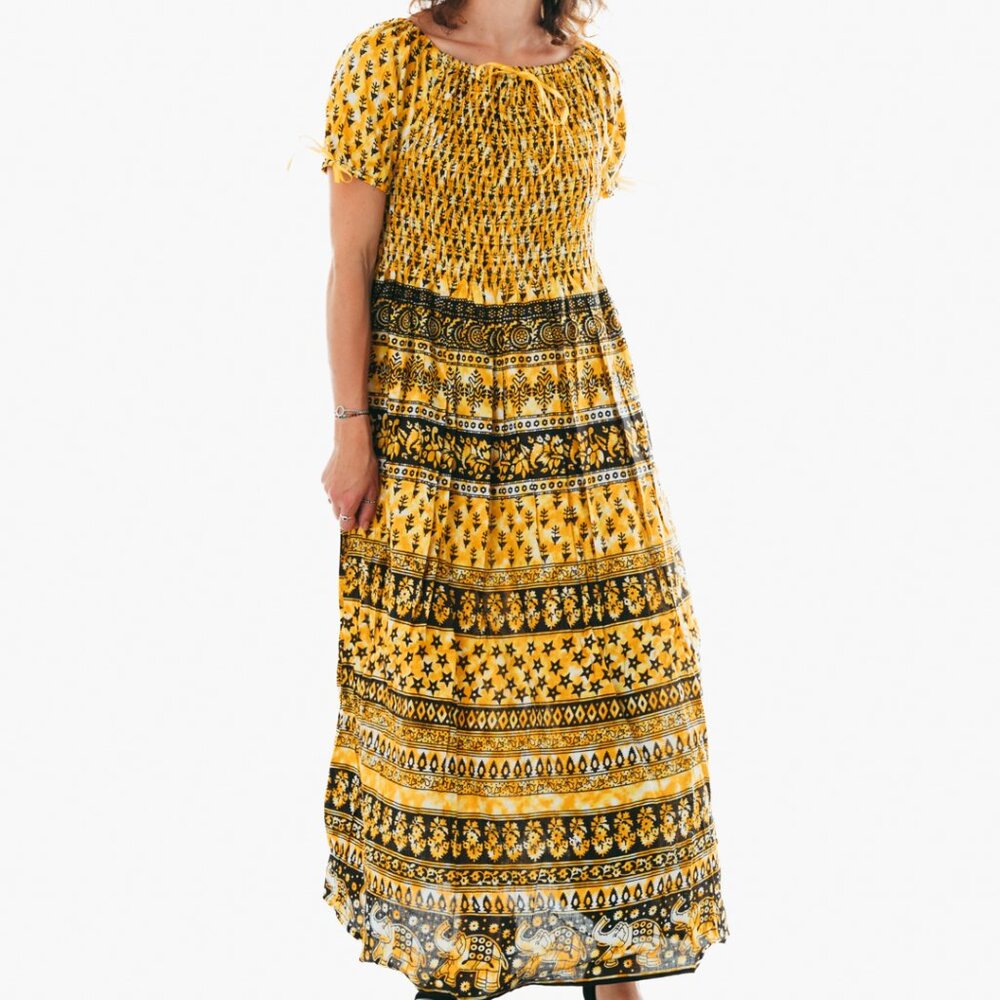 Yellow peasant maxi dress short sleeve off shoulder boho summer floral tie dye